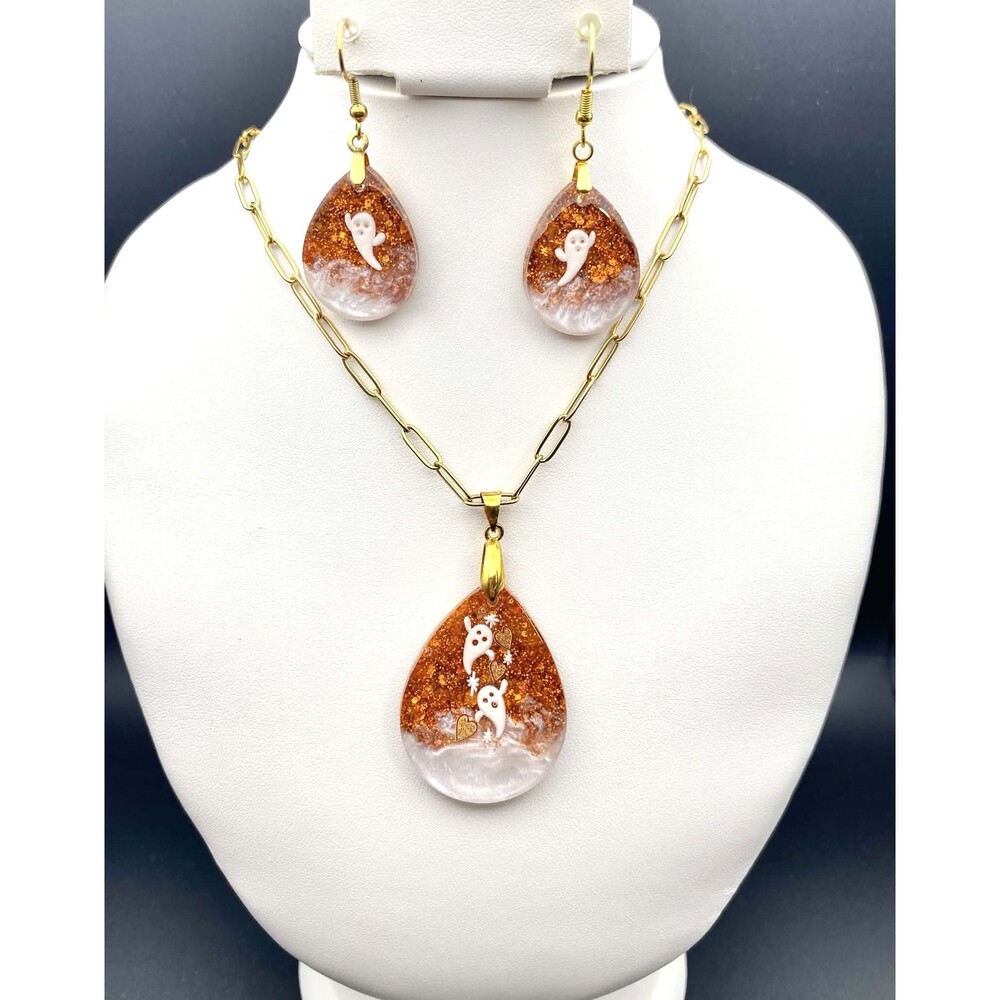 Handmade Halloween Ghost Resin Necklace & Earrings Set Gold Glitter Teardrop